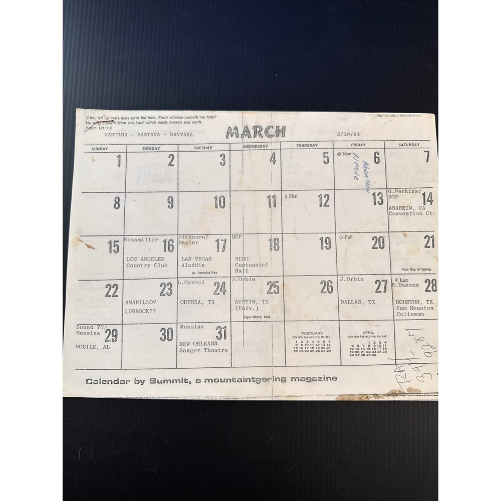 Vintage Santana 1981 Tour Itinerary Calendar Pages Summit Magazine Memorabilia